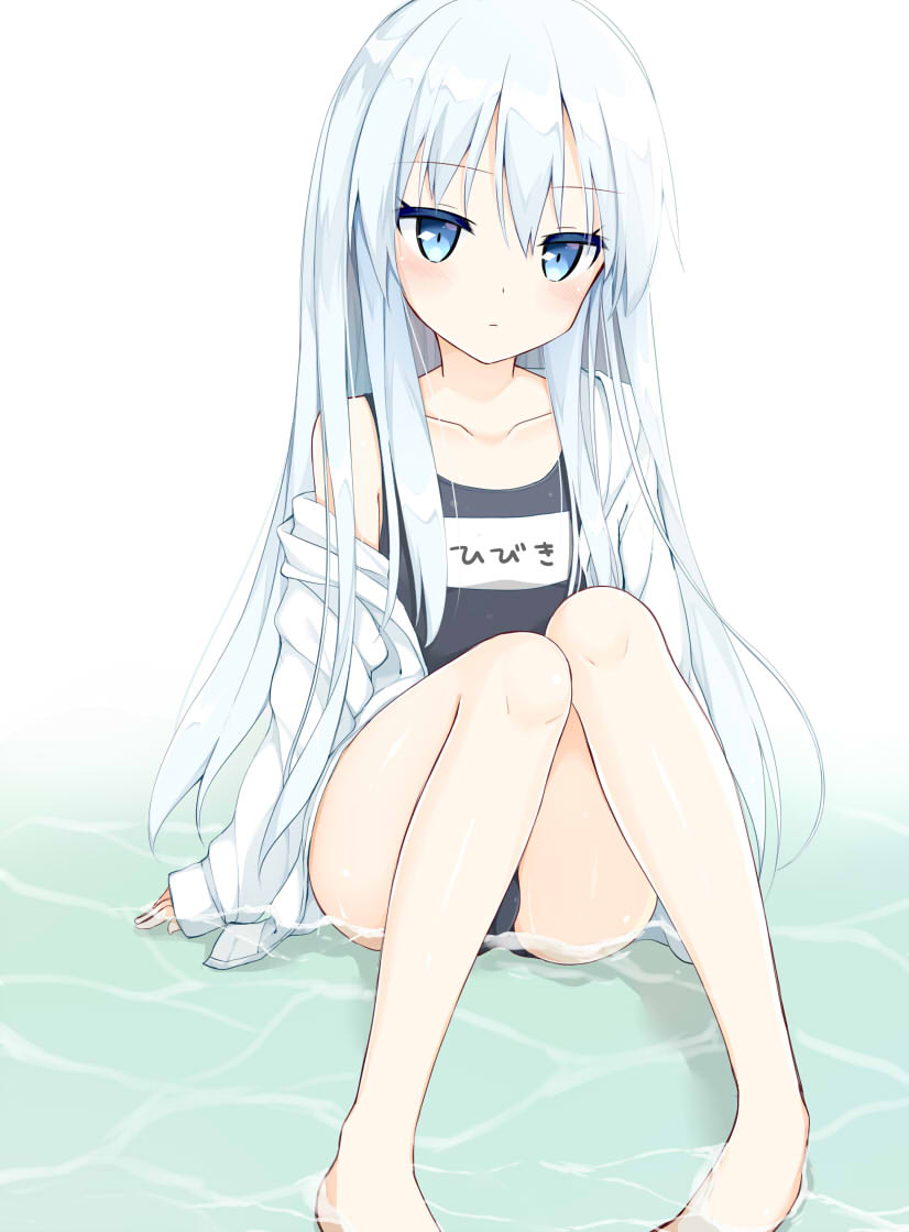 barefoot black_swimsuit blue_eyes blush character_name collarbone eyebrows_visible_through_hair hair_between_eyes hibiki_(kantai_collection) jacket kamu_(geeenius) kantai_collection long_hair looking_at_viewer one-piece_swimsuit open_clothes open_jacket school_swimsuit shiny shiny_hair silver_hair simple_background sitting solo swimsuit very_long_hair water white_background white_jacket
