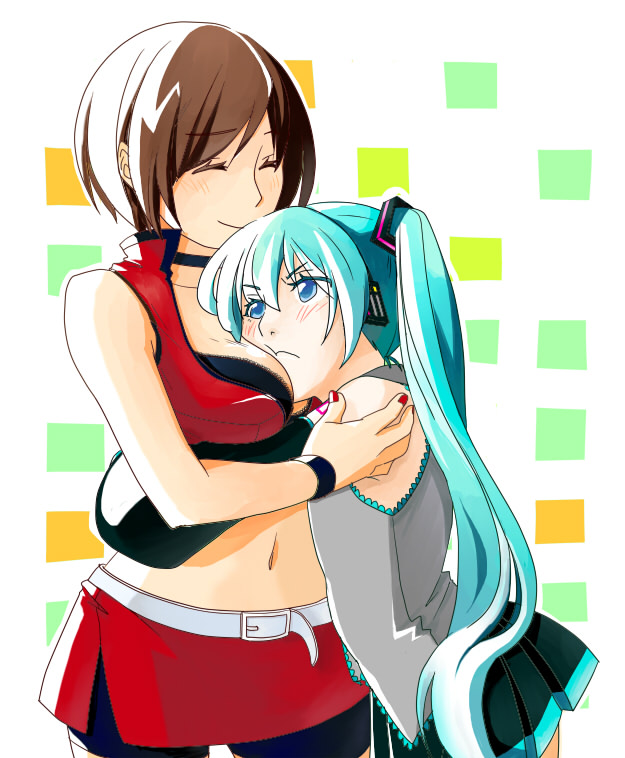 &gt;:( aqua_background belt black_shirt blue_eyes blue_hair blush bracelet breast_press breasts brown_hair cheek-to-breast choker closed_eyes cowboy_shot detached_sleeves eyebrows_visible_through_hair eyelashes frown green_background grey_shirt hatsune_miku height_difference hug jewelry long_hair looking_away meiko multicolored multicolored_background multiple_girls nail_polish orange_background red_nails red_skirt shirt shiseriyo short_hair simple_background skirt sleeveless sleeveless_shirt standing tank_top twintails upper_body vocaloid white_background