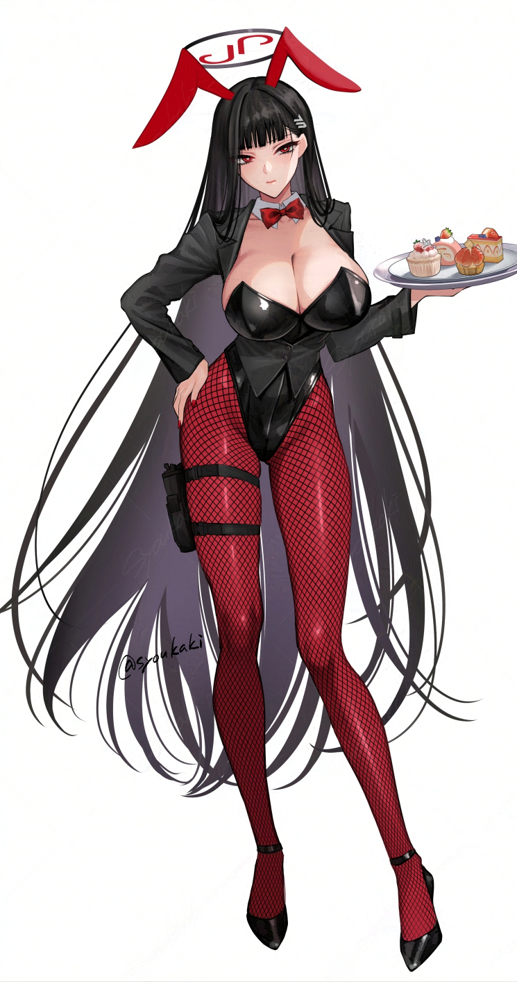 1girl animal_ears black_footwear black_hair black_leotard blue_archive breasts cleavage closed_mouth dessert detached_collar fake_animal_ears food full_body hair_ornament hairpin halo high_heels highres holding holding_tray large_breasts leotard long_hair looking_at_viewer pantyhose rabbit_ears red_eyes red_pantyhose rio_(blue_archive) shoukaki_(earthean) simple_background solo strapless strapless_leotard tray twitter_username white_background