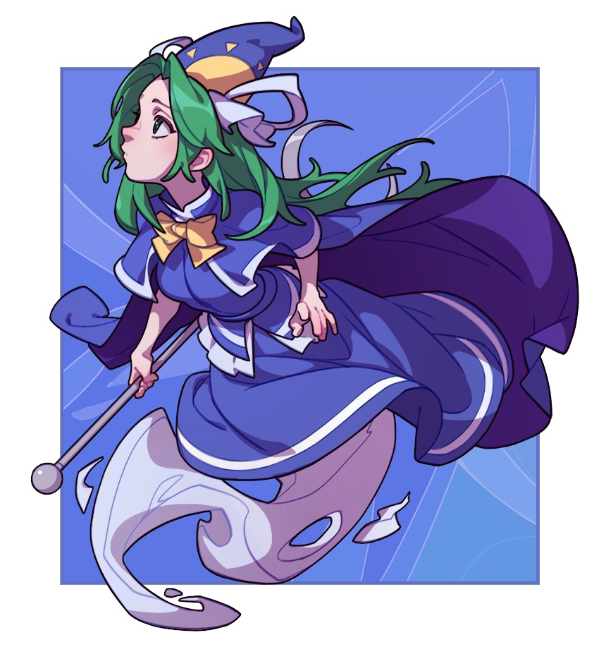 1girl blue_cape blue_capelet blue_skirt blue_theme blue_vest bow bowtie cape capelet ghost_tail green_eyes green_hair hat holding holding_staff long_hair looking_to_the_side mima_(touhou) skirt soemy staff sun_print touhou touhou_(pc-98) vest wizard_hat yellow_bow yellow_bowtie
