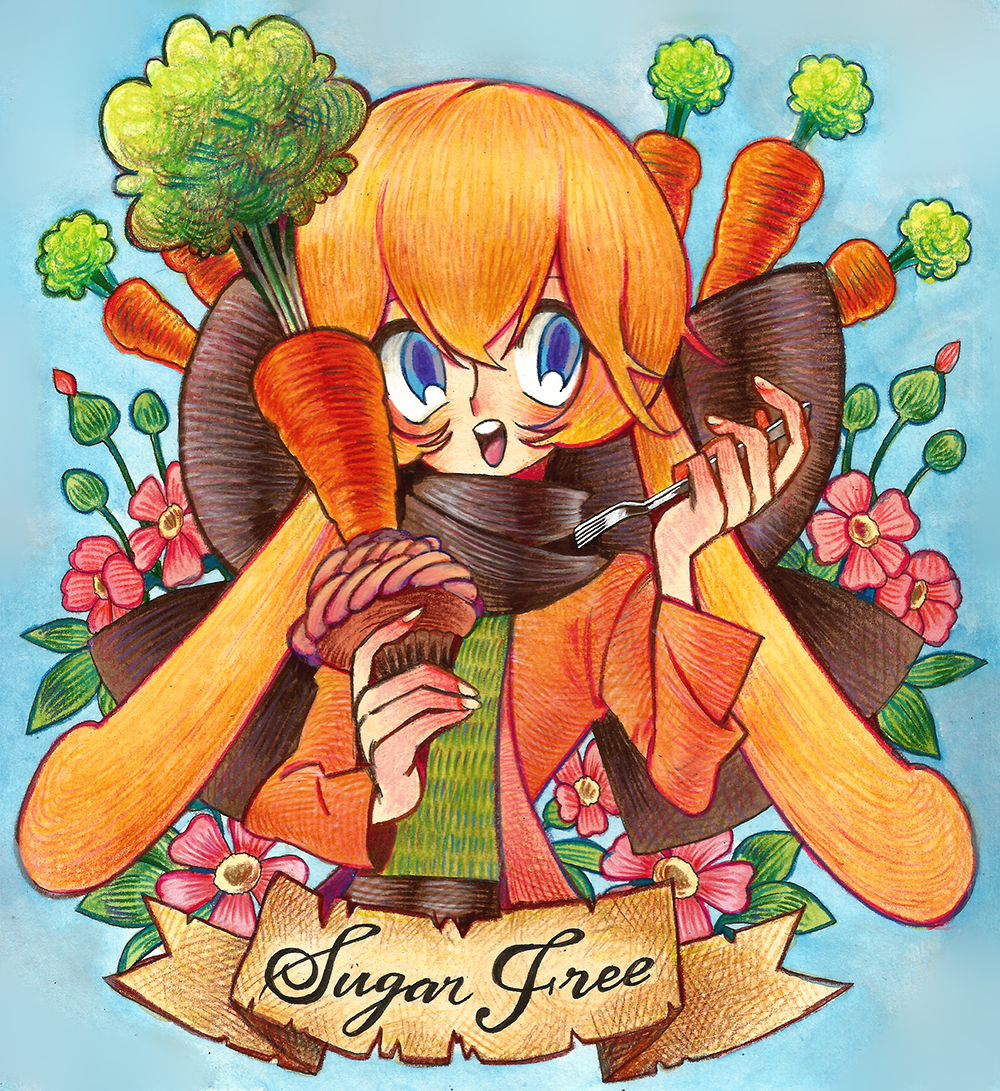 1girl :d animal_ears blue_background blue_eyes brown_scarf carrot colored_pencil_(medium) cropped_torso droopy_ears flower food fork holding holding_food holding_fork holding_vegetable jacket long_sleeves looking_at_viewer meremero open_mouth orange_hair orange_jacket original pink_flower rabbit_ears scarf short_hair smile solo traditional_media vegetable