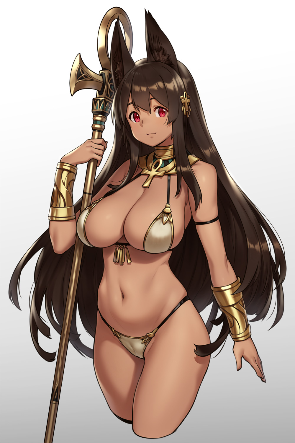 :3 ankh anubis_(houtengeki) arm_at_side armlet beige_bikini bikini bracer breasts brown_hair cleavage cleft_of_venus commentary_request cowboy_shot cropped_legs gold_trim gradient gradient_background hair_ornament hand_up highres houtengeki large_breasts light_smile long_hair looking_at_viewer navel original red_eyes shiny shiny_hair sidelocks simple_background solo staff string_bikini swimsuit usekh_collar very_long_hair