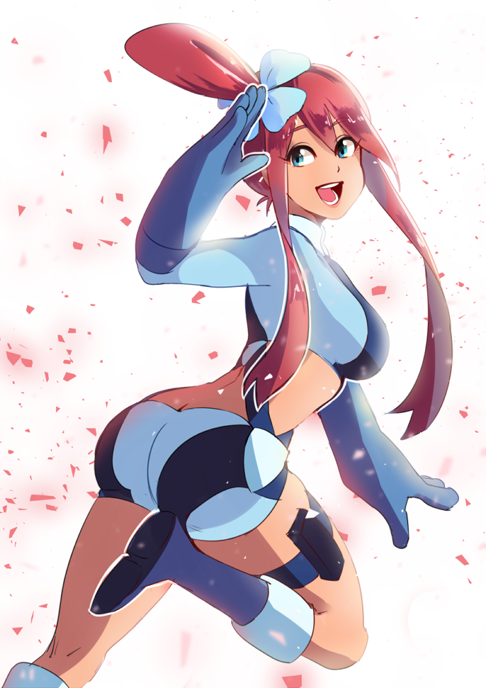 arm_up ass azuumori bad_anatomy blue_eyes blue_footwear blue_gloves blue_shirt blue_shorts boots breasts butt_crack crop_top from_behind fuuro_(pokemon) gloves gym_leader hair_ornament happy large_breasts leg_up long_hair looking_back looking_to_the_side midriff open_mouth pokemon pokemon_(game) pokemon_bw red_hair shiny shiny_hair shirt short_shorts shorts simple_background smile solo teeth thigh_boots thigh_strap thighhighs white_background