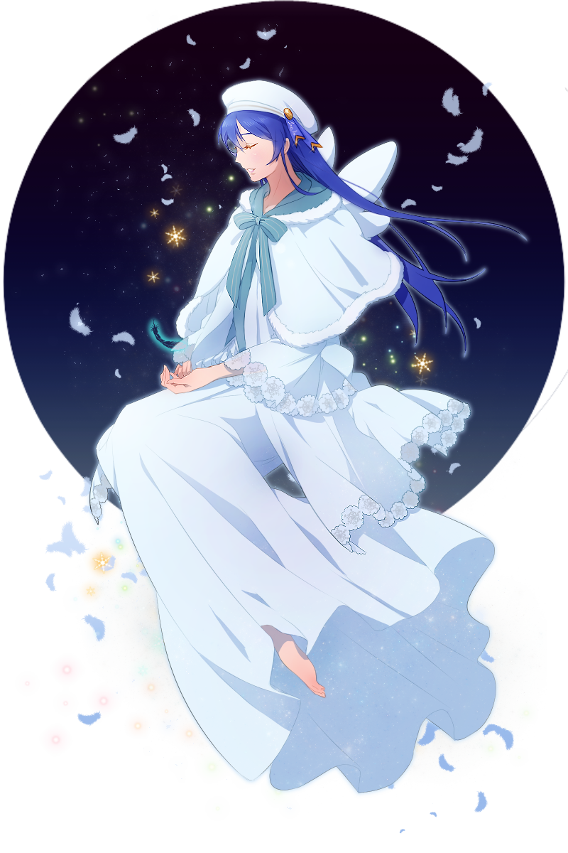 bangs barefoot blue_hair blush closed_eyes commentary_request dress feathers floating from_side full_body hat highres long_hair love_live! love_live!_school_idol_festival love_live!_school_idol_project smile solo sonoda_umi transparent_background udo_(zzinya) wings