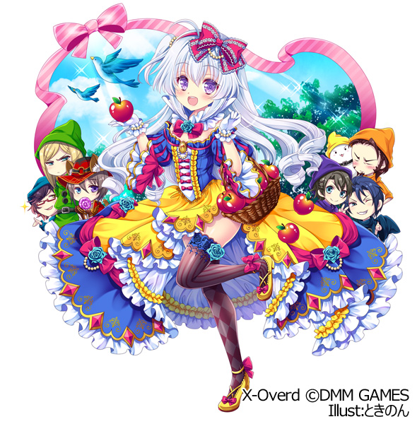 6+boys :d apple basket black_hair blonde_hair blue_hair blue_sky blush bow cloud cosplay food frills fruit glasses gloves green_hat hair_bow hand_up hat holding holding_food long_hair looking_at_viewer multiple_boys nonno official_art open_mouth orange_hat pink_bow pink_ribbon purple_eyes purple_hat red_bow red_hat ribbon silver_hair sky smile snow_white snow_white_(grimm) snow_white_(grimm)_(cosplay) snow_white_and_the_seven_dwarfs standing standing_on_one_leg tokinon tree white_gloves x-overd yellow_footwear yellow_hat