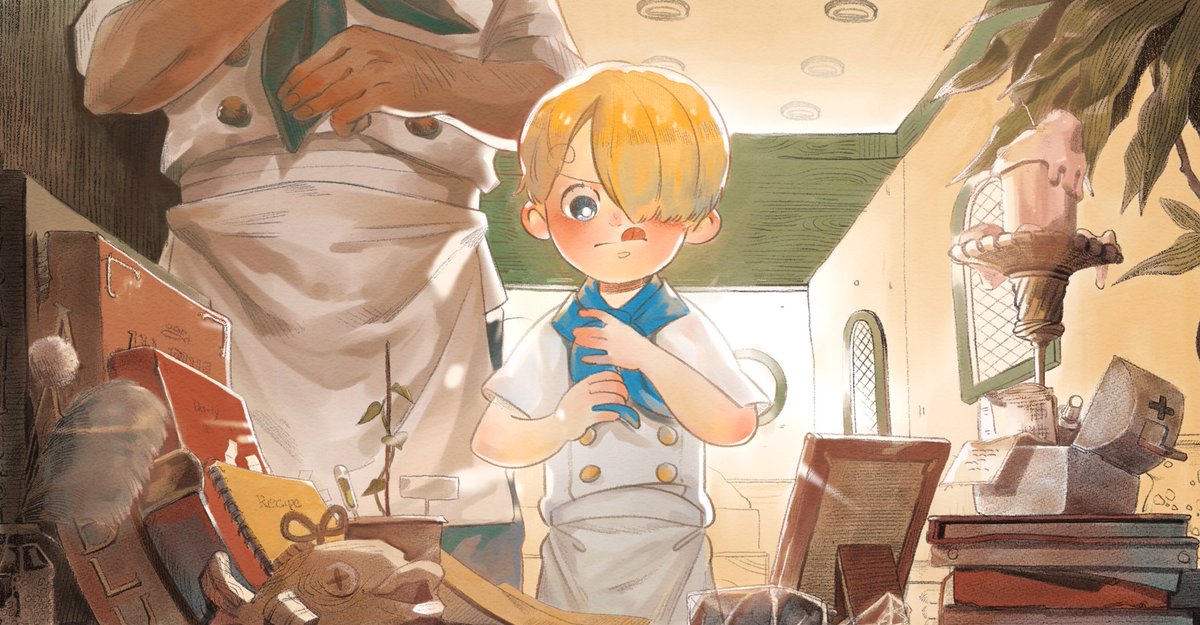 2boys apron bad_id bad_twitter_id blonde_hair blue_neckerchief book buttons child commentary curly_eyebrows english_commentary hair_over_one_eye mulmulgogibbq multiple_boys neckerchief one_piece red-leg_zeff sanji_(one_piece) short_hair tongue tongue_out tying