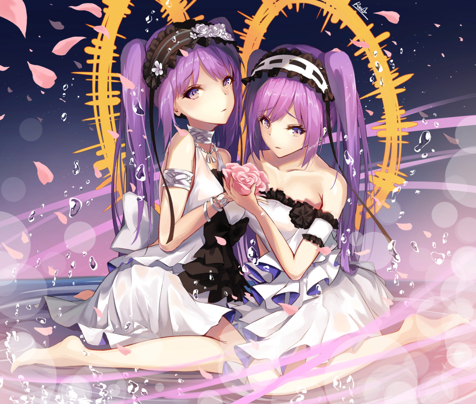 arm_strap armlet augu_(523764197) back_bow barefoot bow choker collarbone dress euryale eyebrows_visible_through_hair fate/apocrypha fate_(series) floating_hair hair_between_eyes hairband jewelry lens_flare lolita_hairband long_hair looking_at_viewer multiple_girls necklace parted_lips purple_eyes purple_hair short_dress siblings sisters sleeveless sleeveless_dress stheno strapless strapless_dress twintails very_long_hair white_dress