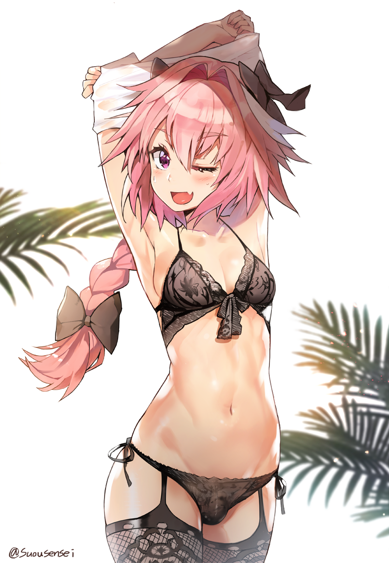 ;d armpits arms_up astolfo_(fate) black_bow black_bra black_legwear black_panties blush bow bra braid bulge eto_(nistavilo2) eyebrows_visible_through_hair fang fate/grand_order fate_(series) fishnet_legwear fishnets hair_bow long_hair looking_at_viewer male_focus navel one_eye_closed open_mouth otoko_no_ko panties pectorals pink_hair purple_eyes side-tie_panties simple_background single_braid smile solo standing thighhighs twitter_username underwear underwear_only undressing white_background