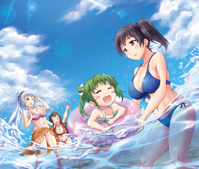akagi_(kantai_collection) alternate_hairstyle bikini bikini_skirt black_hair blue_bikini blue_bikini_bottom blue_bikini_top blue_ribbon blush blush_stickers breasts brown_hair cleavage closed_eyes cloud commentary_request day eyebrows_visible_through_hair frilled_swimsuit frills front-tie_bikini front-tie_top green_bikini green_bikini_bottom green_bikini_top hair_ribbon high_ponytail innertube kaga_(kantai_collection) kantai_collection large_breasts lens_flare long_hair multiple_girls navel ocean one_eye_closed partially_submerged pink_bikini pink_bikini_bottom pink_bikini_top ponytail red_bikini red_bikini_bottom red_bikini_top red_ribbon ribbon sakimiya_(inschool) sarong shoukaku_(kantai_collection) side-tie_bikini side_ponytail sidelocks sky smile splashing straight_hair swimming swimsuit twintails white_hair white_ribbon younger zuikaku_(kantai_collection)