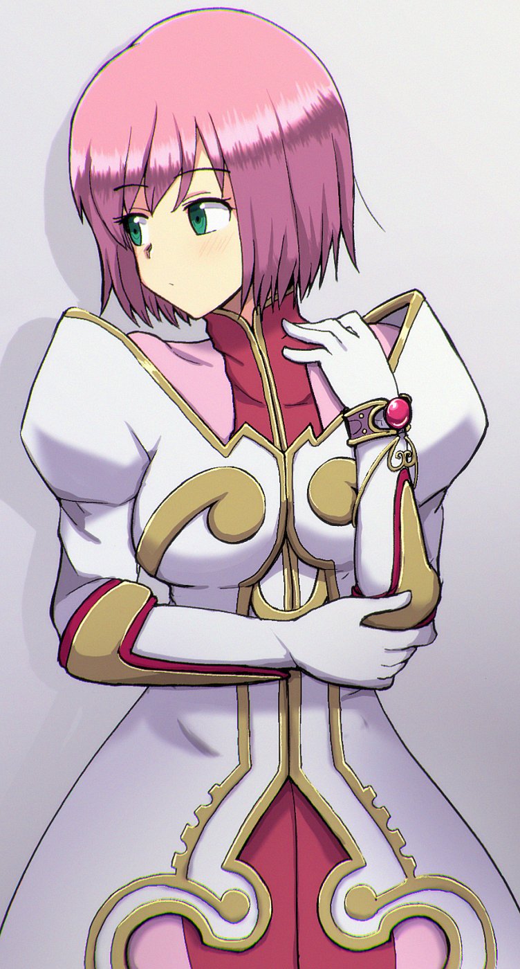 1girl aqua_eyes averting_eyes bracelet breasts estellise_sidos_heurassein gloves gold_trim gradient_background hand_on_own_elbow hand_up highres hiramine_akira jewelry medium_breasts pink_hair short_hair solo tales_of_(series) tales_of_vesperia white_gloves