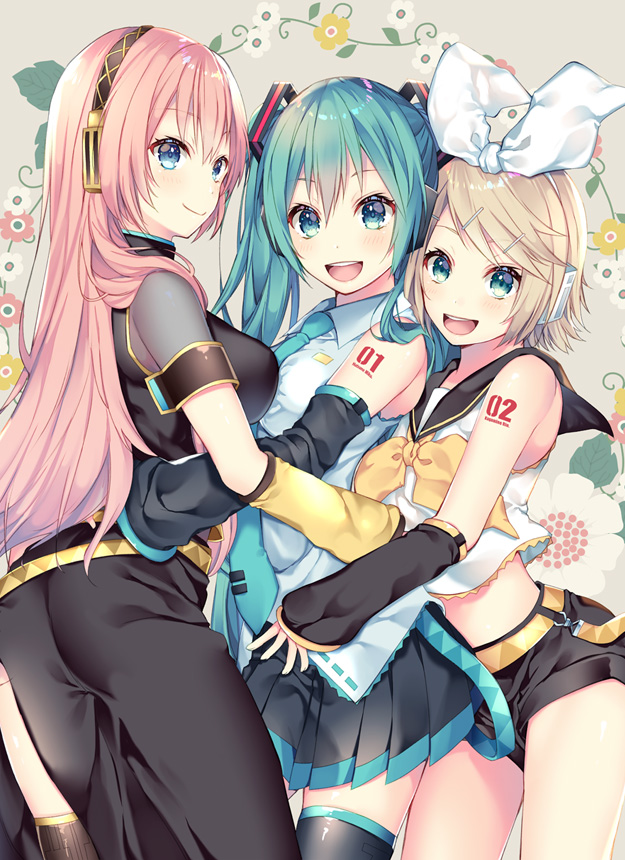 :d bare_shoulders black_legwear black_sailor_collar black_shirt black_shorts black_skirt blue_eyes blush breasts closed_mouth collared_shirt commentary_request crop_top detached_sleeves girl_sandwich green_eyes green_hair green_neckwear hair_ornament hair_ribbon hairclip hatsune_miku headphones kagamine_rin large_breasts light_brown_hair long_hair long_skirt long_sleeves looking_at_viewer megurine_luka midriff multiple_girls neckerchief necktie open_mouth pink_hair pleated_skirt ribbon round_teeth sailor_collar sandwiched school_uniform serafuku shiomizu_(swat) shirt short_shorts short_sleeves shorts side_slit skirt sleeveless sleeveless_shirt sleeves_past_wrists smile teeth thighhighs twintails upper_teeth very_long_hair vocaloid white_ribbon white_shirt yellow_neckwear