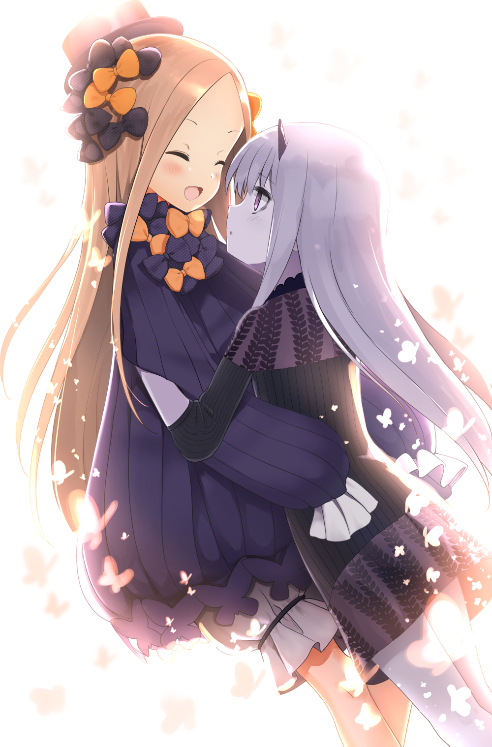 :d :o ^_^ abigail_williams_(fate/grand_order) bangs bell_(oppore_coppore) black_bow black_dress black_hat blonde_hair bloomers blush bow bug butterfly closed_eyes commentary_request dress facing_another fate/grand_order fate_(series) forehead hair_bow hat highres hug insect lavinia_whateley_(fate/grand_order) long_hair long_sleeves looking_at_another multiple_girls open_mouth orange_bow pale_skin parted_bangs parted_lips polka_dot polka_dot_bow purple_eyes silver_hair sleeves_past_fingers sleeves_past_wrists smile underwear very_long_hair white_background white_bloomers