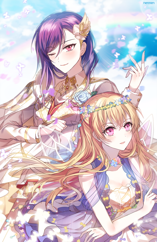 ;) artist_name bang_dream! bangs blonde_hair blue_flower blue_rose boutonniere breasts bug butterfly cleavage clenched_hand day dress fairy_wings flower flower_necklace formal hair_down half_updo hand_on_own_chest hand_up head_wreath insect jewelry long_hair long_sleeves looking_at_viewer multiple_girls necklace nennen one_eye_closed outdoors parted_lips pink_eyes purple_hair rainbow rose seta_kaoru shirasagi_chisato smile suit white_suit wing_hair_ornament wings