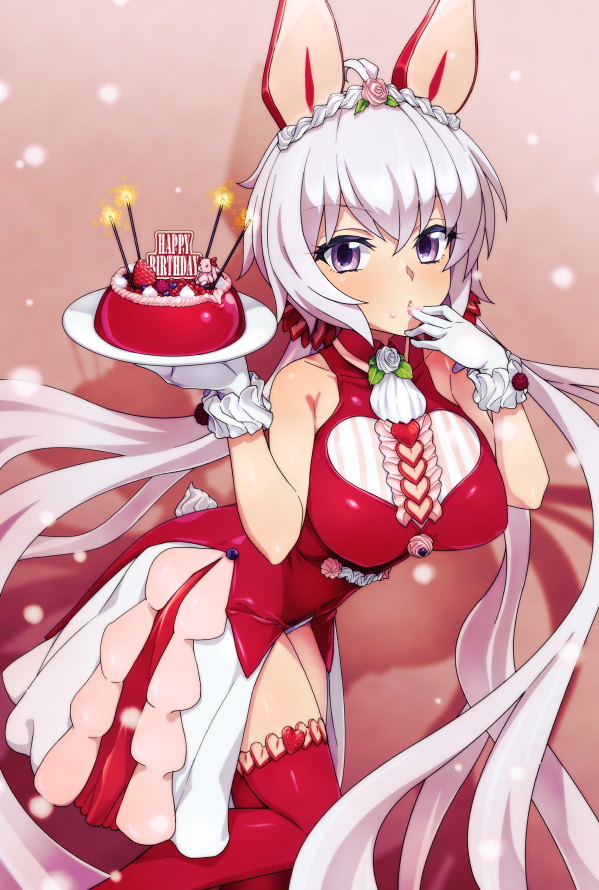 1girl ahoge alternate_costume birthday_cake breasts cake food gloves hair_between_eyes holding holding_cake holding_food holding_tray large_breasts licking licking_finger long_hair looking_at_viewer low_twintails purple_eyes senki_zesshou_symphogear solo thighhighs tray twintails uganda_(ugandam_00) very_long_hair white_hair yukine_chris