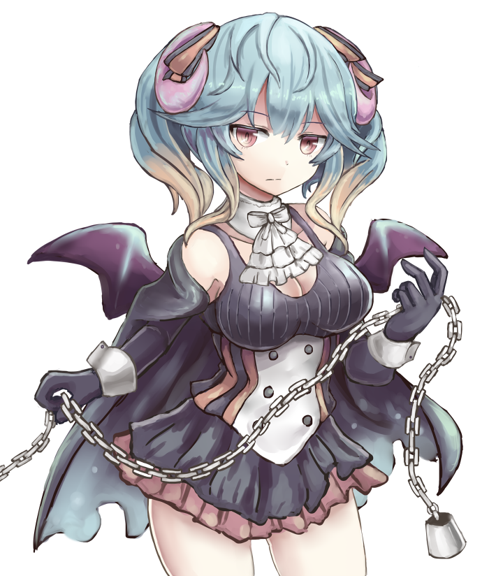 aoiyamagi4 bat_wings black_gloves black_skirt blue_hair blush breasts brown_eyes brown_hair cape chain cleavage demon_horns elbow_gloves gloves gradient_hair hair_between_eyes horns lapis_(sennen_sensou_aigis) large_breasts looking_at_viewer multicolored_hair sennen_sensou_aigis simple_background skirt solo twintails two-tone_hair white_background white_neckwear wings wrist_cuffs