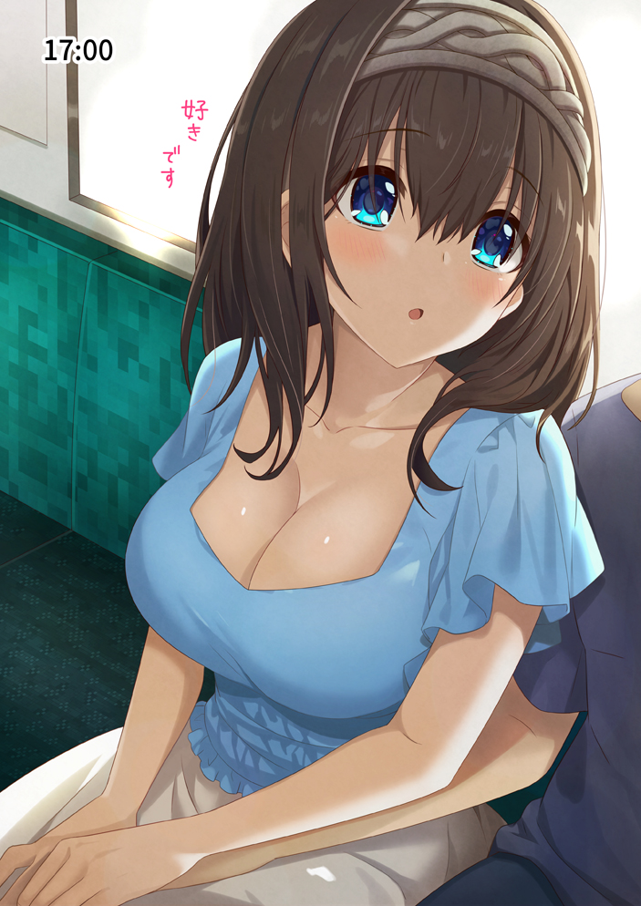 1girl azuki_yui black_hair blue_eyes blush breasts casual checkered cleavage collarbone commentary eyebrows_visible_through_hair hairband holding_hands idolmaster idolmaster_cinderella_girls large_breasts looking_at_another medium_hair open_mouth out_of_frame sagisawa_fumika short_sleeves sitting skirt solo_focus timestamp translated window