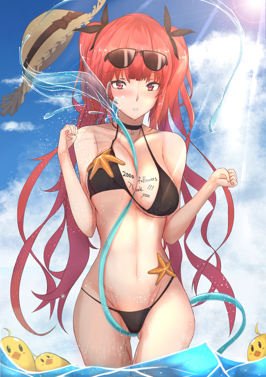 alternate_costume ass_visible_through_thighs azur_lane bangs bare_arms between_breasts bikini black_bikini black_ribbon blue_sky blush body_writing breast_lift breasts choker cleavage cloud collarbone commentary_request day eyebrows_visible_through_hair eyewear_on_head groin hair_ribbon hat hat_removed headwear_removed highres honolulu_(azur_lane) hose large_breasts long_hair looking_at_viewer navel outdoors parted_lips red_eyes red_hair ribbon sidelocks sky solo splashing starfish stomach sun sun_hat sunglasses sunlight swimsuit tan thighs twintails wading water yusha_(m-gata)