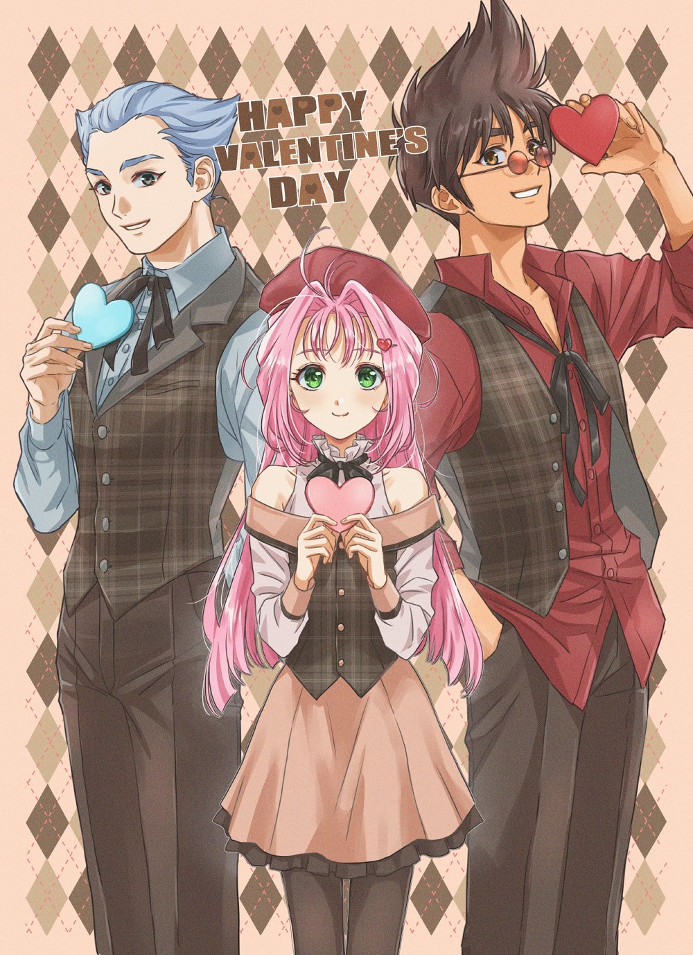 1girl 2boys akira_ituki argyle argyle_background arm_up black_pants black_pantyhose black_ribbon blue_hair blue_shirt box brown_eyes brown_hair brown_skirt brown_vest closed_mouth collarbone collared_shirt dress_shirt frilled_skirt frills gamlin_kizaki green_eyes grin hair_intakes happy_valentine heart-shaped_box highres holding long_hair looking_at_viewer macross macross_7 miniskirt multiple_boys mylene_jenius neck_ribbon nekki_basara pants pantyhose pink_hair plaid plaid_vest red-tinted_eyewear red_shirt ribbon round_eyewear shirt short_hair skirt smile spiked_hair sunglasses thigh_gap tinted_eyewear very_long_hair vest wing_collar