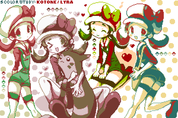 &gt;_&lt; 1girl :3 alternate_color art_study bag blush_stickers bow cabbie_hat character_name christy_frisby closed_eyes dot_mouth dot_nose english_commentary furret hat hat_bow heart holding holding_pokemon hug kneeling limited_palette long_sleeves looking_back lyra_(pokemon) one_eye_closed open_mouth overalls palette_swap poke_ball pokemon pokemon_(creature) pokemon_hgss polka_dot polka_dot_background red_shirt shirt smile sprite_art standing thighhighs twintails white_headwear