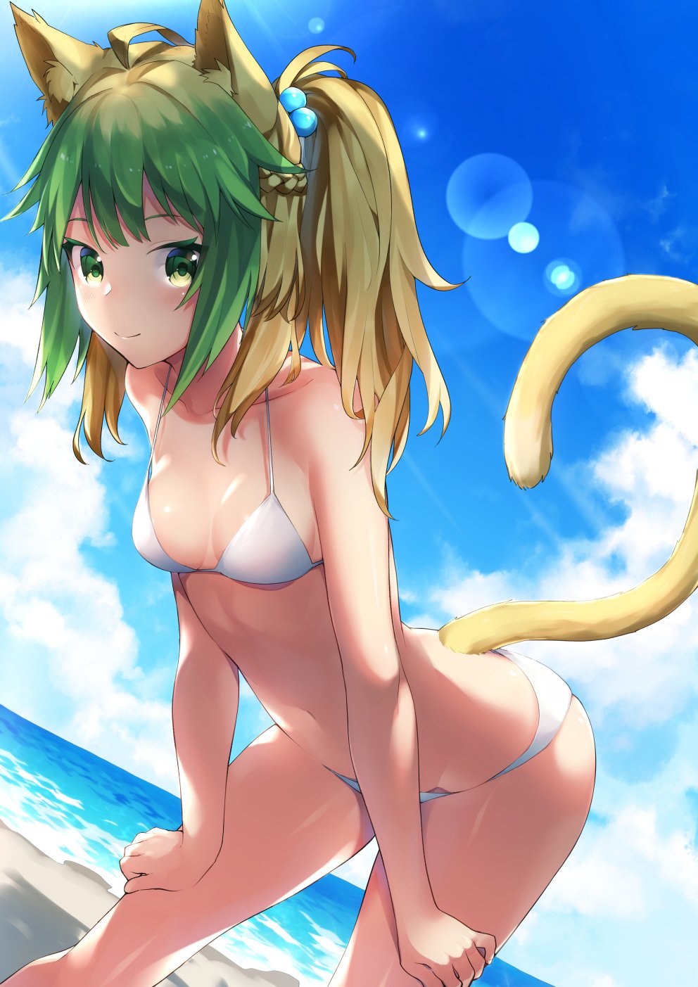 animal_ears atalanta_(fate) bent_over bikini blonde_hair blue_sky braid breasts cat_ears cat_tail day dutch_angle fate/apocrypha fate_(series) green_eyes green_hair hair_bobbles hair_ornament hands_on_own_thighs highres lens_flare long_hair looking_at_viewer multicolored_hair navel one_side_up outdoors shiny shiny_skin side_braid sky small_breasts smile solo strap_gap swimsuit tail tanaka_arumi two-tone_hair white_bikini