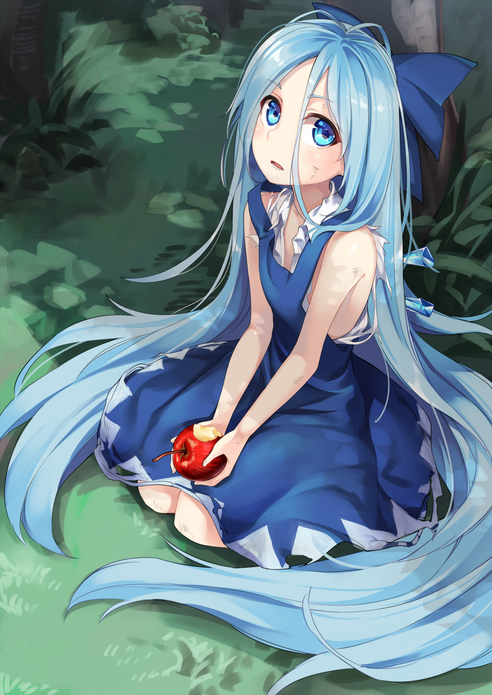 alternate_hair_length alternate_hairstyle apple asutora bare_arms bare_shoulders blue_bow blue_dress bow cirno commentary_request dress eyebrows_visible_through_hair food fruit grass hair_between_eyes hair_bow head_tilt highres holding holding_food holding_fruit ice ice_wings long_hair looking_at_viewer looking_up outdoors parted_lips pinafore_dress seiza shirt sitting sleeveless sleeveless_dress sleeveless_shirt solo torn_clothes torn_shirt touhou tree very_long_hair white_shirt wing_collar wings