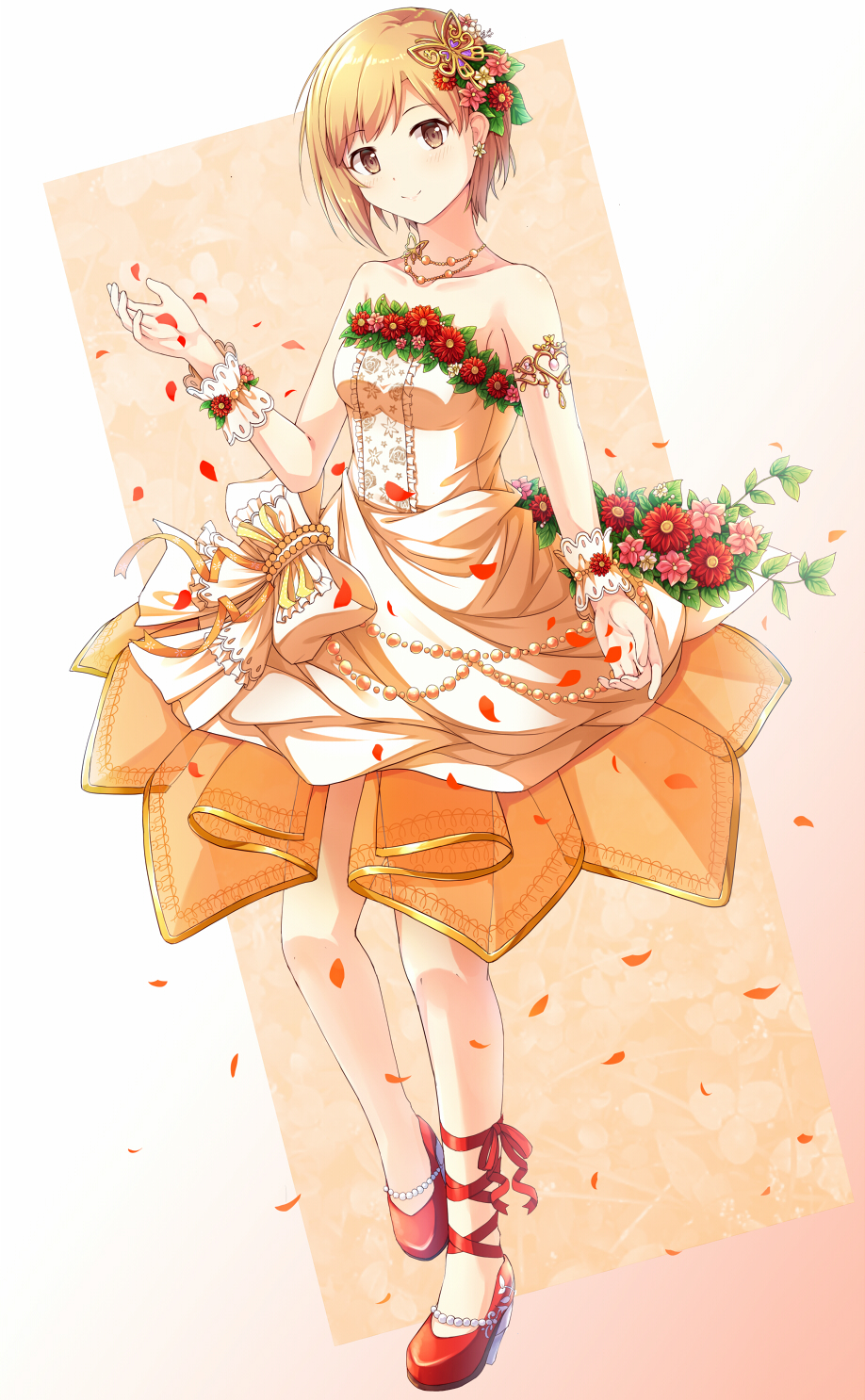 aiba_yumi ankle_ribbon bangs blonde_hair brown_eyes butterfly_hair_ornament collarbone dress earrings flower hair_flower hair_ornament high_heels highres idolmaster idolmaster_cinderella_girls idolmaster_cinderella_girls_starlight_stage jewelry looking_at_viewer necklace pumps red_flower red_footwear red_ribbon ribbon see-through short_dress short_hair sleeveless sleeveless_dress smile solo standing strapless strapless_dress swept_bangs take5321 wrist_cuffs yellow_dress yellow_flower