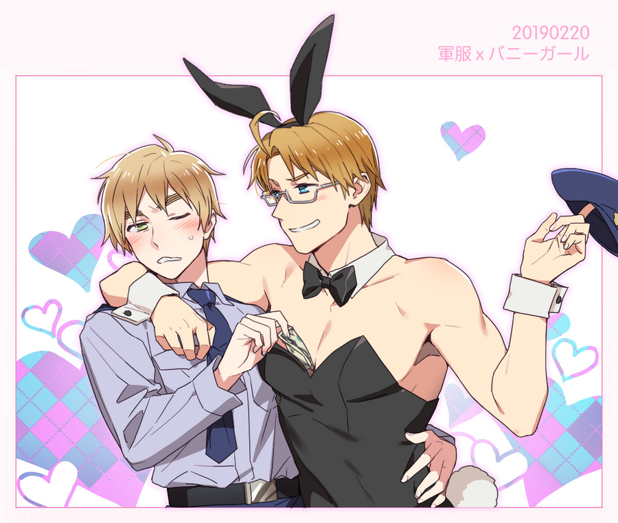 america_(hetalia) animal_ears axis_powers_hetalia black_bow black_bowtie blonde_hair bow bowtie character_name crossdressing dated detached_collar fake_animal_ears fake_tail grin hand_on_another's_waist hat heart holding holding_clothes holding_hat looking_at_another male_focus male_playboy_bunny money_between_pecs muscular muscular_male naughty_face one_eye_closed pectoral_cleavage pectorals rabbit_ears rabbit_tail smile tail thick_eyebrows to@st united_kingdom_(hetalia) unworn_hat unworn_headwear wrist_cuffs yaoi