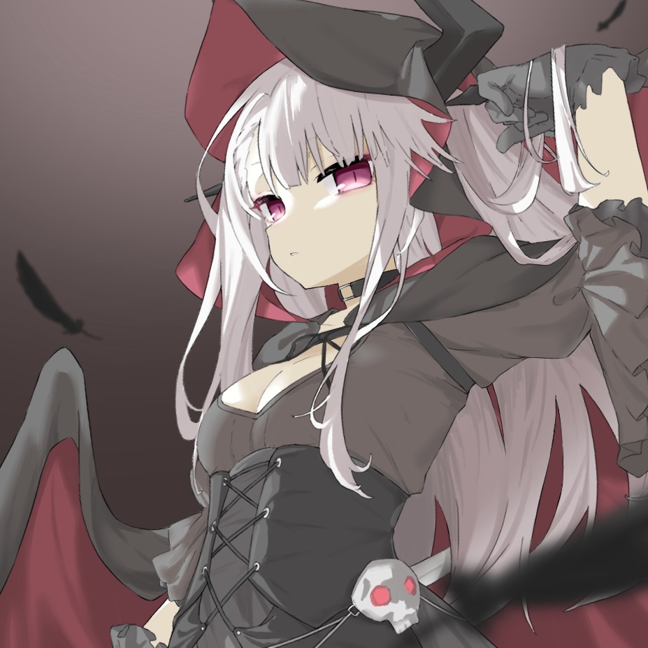 1girl adjusting_hair azur_lane black_choker black_dress black_feathers black_gloves black_horns black_wings breasts choker cleavage cleavage_cutout clothing_cutout dress erebus_(azur_lane) erebus_(meta)_(azur_lane) feathers gloves gradient_background hand_up hood hood_up horns long_hair long_sleeves looking_at_viewer materu2477 parted_lips red_eyes simple_background skull slit_pupils small_breasts solo upper_body white_hair wings