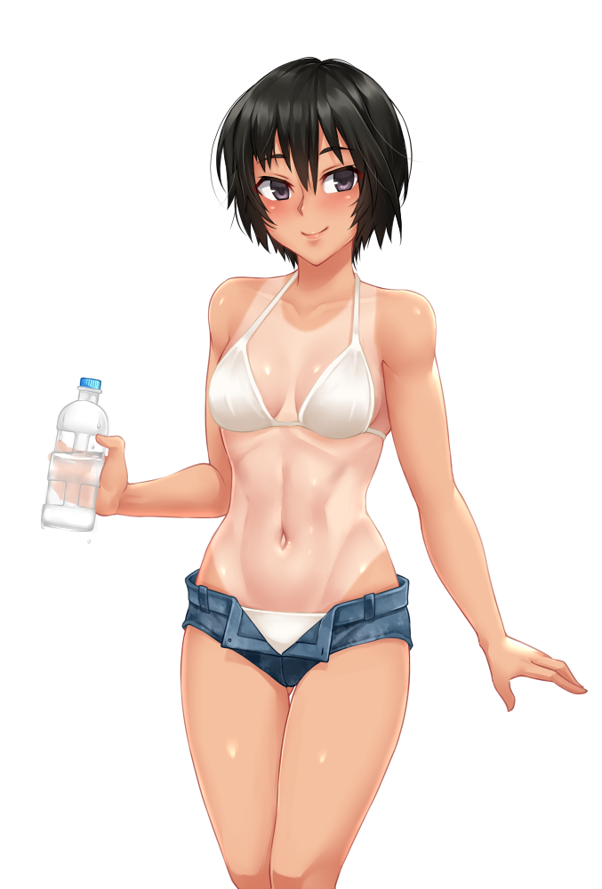 amagami ass_visible_through_thighs bare_shoulders bikini black_eyes black_hair blush bottle breasts breasts_apart collarbone hair_between_eyes holding holding_bottle looking_at_viewer medium_breasts micro_shorts nanasaki_ai navel one-piece_tan short_hair short_shorts shorts simple_background smile solo stomach swimsuit tan tanline thigh_gap toned twrlare unbuttoned water_bottle white_background white_bikini