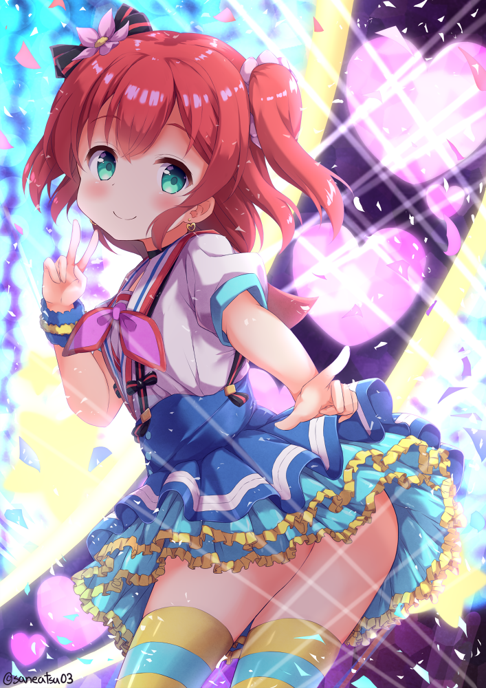aozora_jumping_heart aqua_eyes ass backlighting bangs black_choker blue_skirt blush bow choker commentary_request confetti diffraction_spikes earrings flower hair_bow hair_flower hair_ornament heart heart_earrings idol jewelry kurosawa_ruby looking_at_viewer love_live! love_live!_sunshine!! neckerchief niwasane_(saneatsu03) pink_neckwear pointing red_hair sailor_collar short_sleeves skirt smile solo striped striped_bow striped_legwear suspender_skirt suspenders thighhighs twitter_username two_side_up v yellow_frills