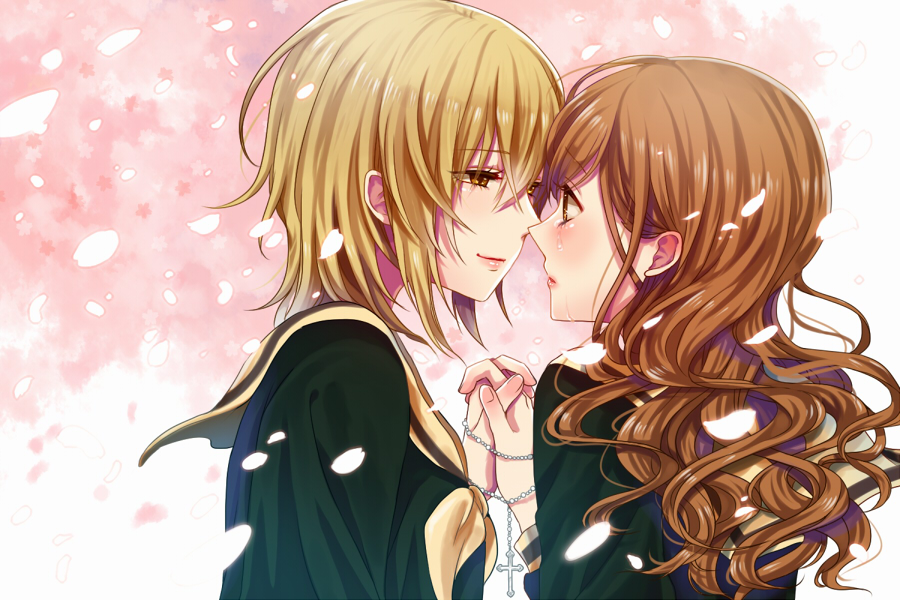 ayaca blonde_hair brown_eyes brown_hair cherry_blossoms closed_mouth crying crying_with_eyes_open from_side hair_between_eyes holding_hands imminent_kiss interlocked_fingers jewelry light_smile long_hair maria-sama_ga_miteru multiple_girls necklace petals profile rosary satou_sei school_uniform serafuku short_hair tears toudou_shimako upper_body wavy_hair