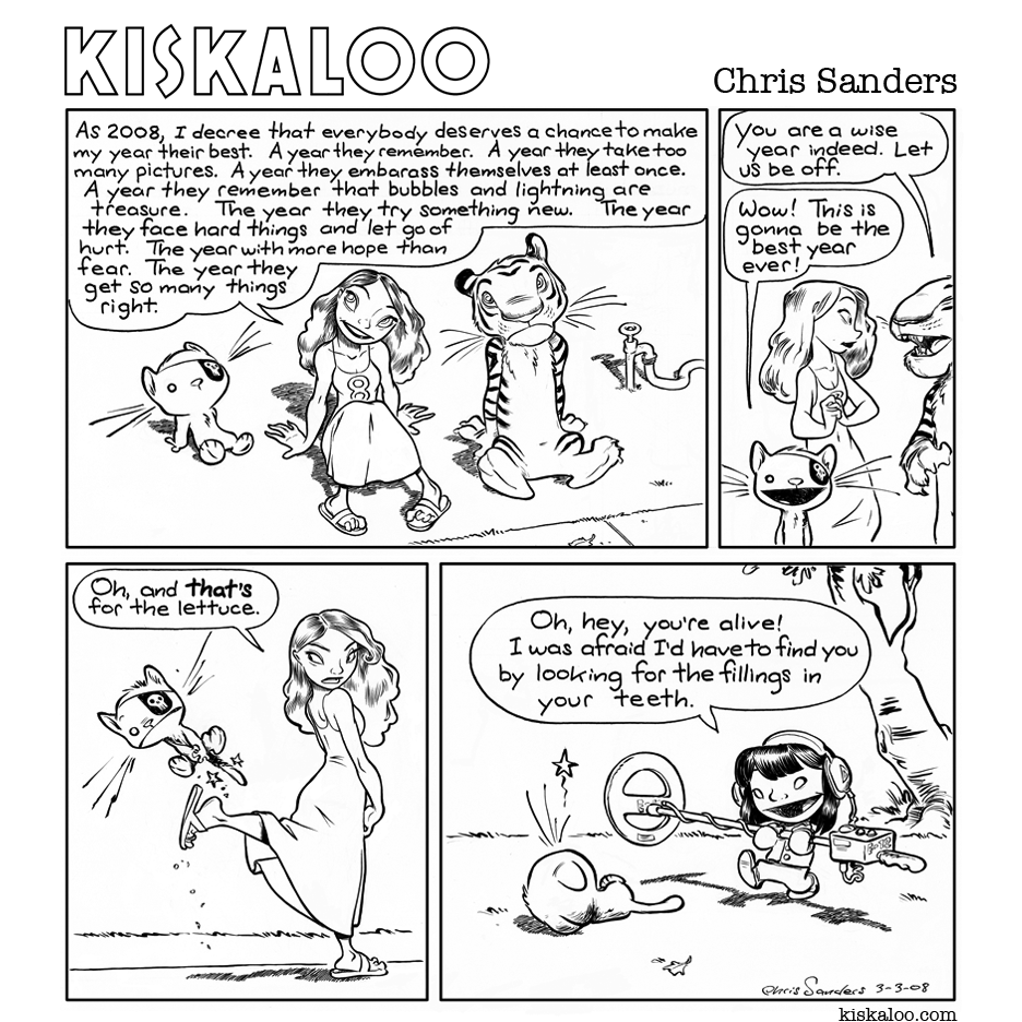 2008 ambiguous_gender anthro black_and_white child chris_sanders clothing comic detailed_background dialogue domestic_cat dress duo eye_patch eyewear felid feline felis female footwear group hair hindpaw human kick kiskaloo mammal metal_detector monochrome outside pantherine paws sandals sitting smile speech_bubble tail tiger toony trio whiskers young