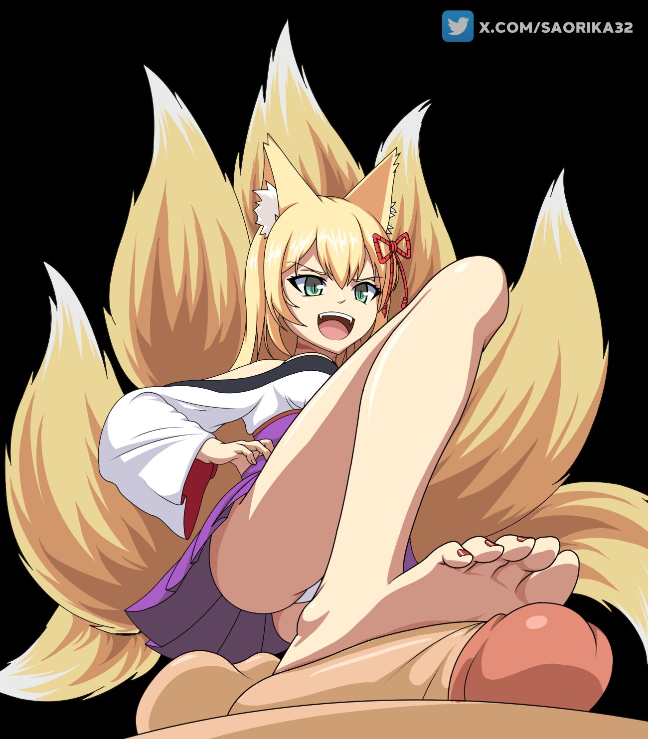 1boy 1girl alternate_breast_size animal_ear_fluff animal_ears bare_legs bare_shoulders barefoot black_background blonde_hair breasts commentary commission english_commentary feet footjob fox_ears fox_girl fox_tail green_eyes hair_between_eyes hair_ribbon hakama hakama_short_skirt hakama_skirt hand_on_own_hip hetero highres japanese_clothes kimono kitsune kyuubi long_hair long_sleeves medium_breasts mon-musu_quest! monster_girl multiple_tails nail_polish open_mouth panties pantyshot penis purple_hakama red_nails red_ribbon ribbon rope saorika32 shimenawa skirt slit_pupils smile soles solo_focus stepped_on tail tamamo_(mon-musu_quest!) teeth testicles toenail_polish toenails toes tongue twitter_username uncensored underwear upper_teeth_only v-shaped_eyebrows white_kimono white_panties wide_sleeves yellow_tail