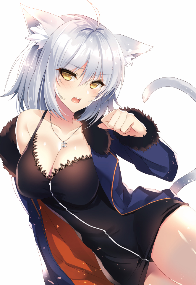 ahoge animal_ears black_dress black_panties blue_cape breasts cape cat_ears cat_tail cleavage collarbone dress eyebrows_visible_through_hair fate/grand_order fate_(series) fur_trim hair_between_eyes jeanne_d'arc_(alter)_(fate) jeanne_d'arc_(fate)_(all) jewelry kurumi_moka large_breasts looking_at_viewer necklace open_mouth panties pantyshot shiny shiny_hair shiny_skin short_dress short_hair silver_hair simple_background sleeveless sleeveless_dress solo tail underwear white_background wicked_dragon_witch_ver._shinjuku_1999 yellow_eyes