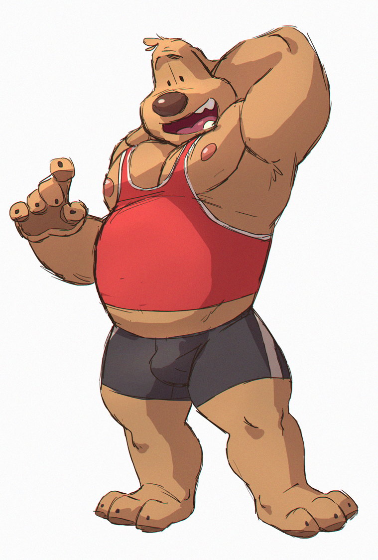 2018 3_toes 5_fingers anthro arm_above_head biceps bulge canine clothed clothing dog donkeypunch male mammal muscular muscular_male nipples overweight overweight_male pecs sam_(sam_and_max) sam_and_max shirt shorts simple_background solo standing tank_top toes white_background
