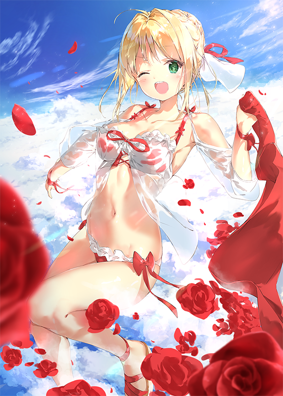 ;d bare_legs bare_shoulders bikini blonde_hair blue_sky blush bow braid cloud commentary_request daitai_sotogawa_(futomomo) day fate/extra fate_(series) flower green_eyes hair_bun jacket long_sleeves midair navel nero_claudius_(fate)_(all) nero_claudius_(swimsuit_caster)_(fate) one_eye_closed open_mouth outdoors red_bikini red_bow red_flower red_footwear red_rose rose round_teeth sandals see-through sky smile solo swimsuit teeth upper_teeth
