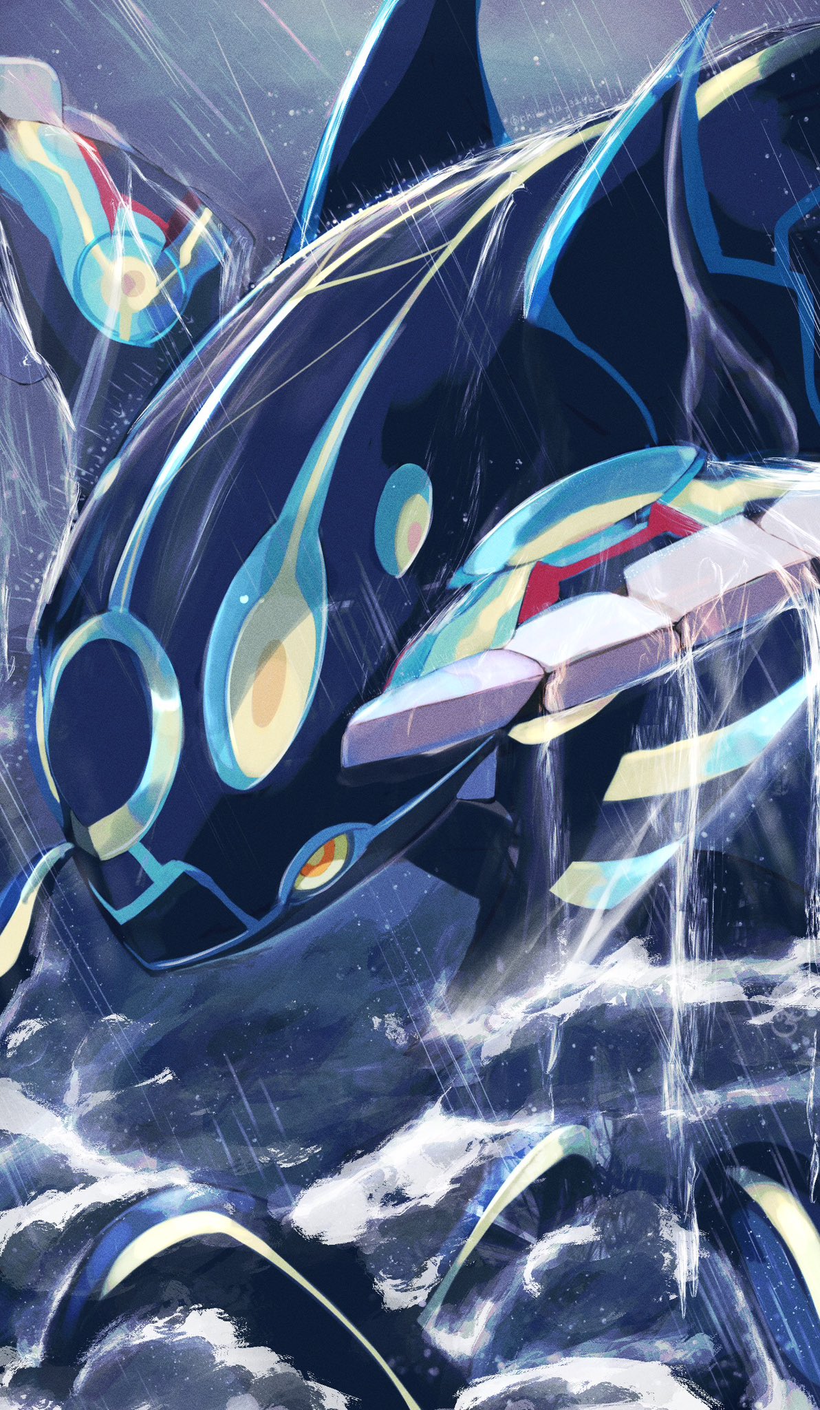 animal_focus blue_skin body_markings colored_skin commentary_request fins highres kyogre no_humans orca pemuchi_(chikuwa_3296) pokemon pokemon_(creature) primal_kyogre rain tail water yellow_eyes