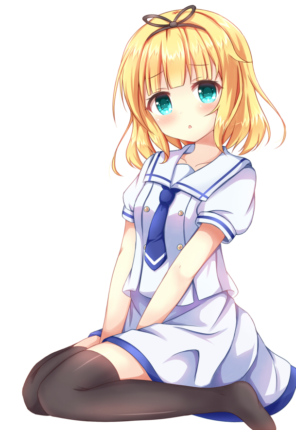 :o alternate_costume black_legwear black_ribbon blonde_hair blue_neckwear blush breasts collarbone commentary cosplay full_body gochuumon_wa_usagi_desu_ka? green_eyes hair_ribbon kafuu_chino's_school_uniform kedama_(kedama_akaza) kirima_sharo looking_at_viewer necktie no_shoes parted_lips puffy_short_sleeves puffy_sleeves ribbon sailor_collar school_uniform shirt short_sleeves simple_background sitting skirt skirt_set small_breasts solo thighhighs wariza white_background white_sailor_collar white_shirt white_skirt