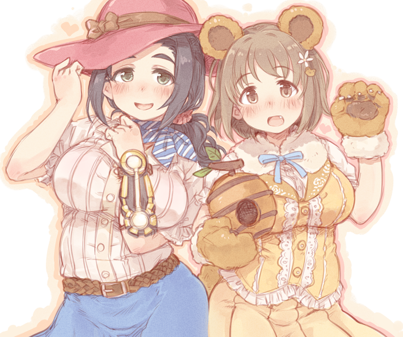 7010 :d animal_ears bangs bear_ears bear_paws belt black_hair blush breasts brown_eyes brown_hair commentary_request ebihara_naho eyebrows_visible_through_hair fang flower gloves green_eyes hair_flower hair_ornament hat idolmaster idolmaster_cinderella_girls large_breasts long_hair looking_at_viewer mimura_kanako multiple_girls open_mouth paw_gloves paws short_hair short_sleeves skirt smile witch_hat