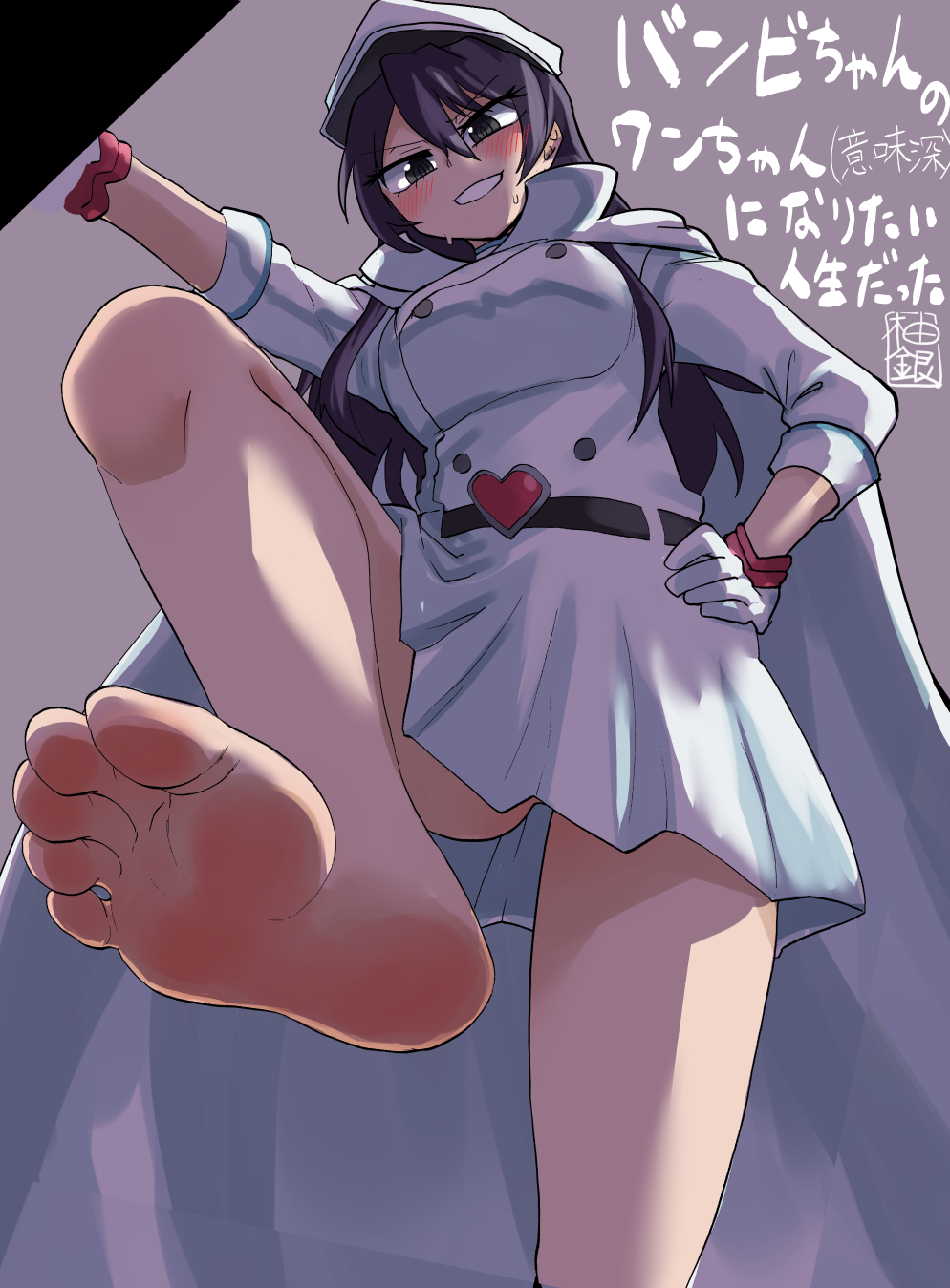 1girl bambietta_basterbine barefoot belt black_belt black_hair bleach blush breasts buttons capelet double-breasted dress eyelashes feet foot_focus foot_out_of_frame foot_up from_below gloves grey_background grey_eyes hair_between_eyes hand_on_own_hip hat heart highres impossible_clothes knee_up large_breasts legs long_hair long_sleeves looking_at_viewer military_hat military_uniform pleated_dress short_dress sidelocks signature smile soles solo standing standing_on_one_leg stepping sweatdrop teeth toes uniform white_capelet white_dress white_gloves white_headwear yuzu_gin_(pika97)