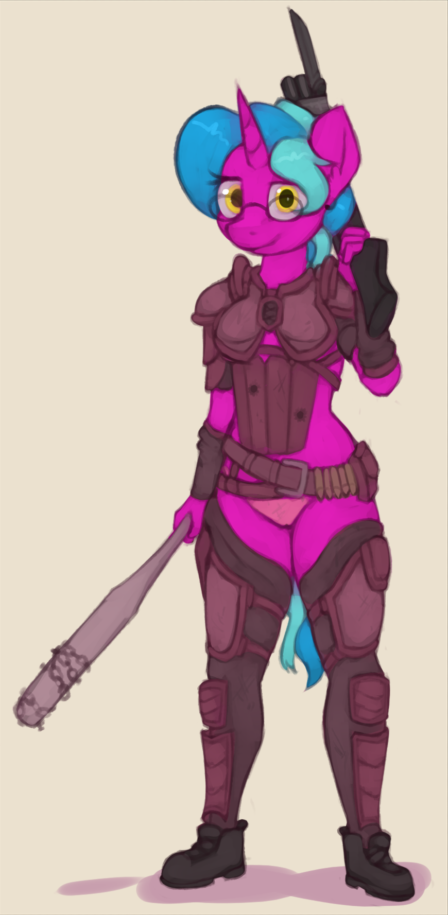 2018 anthro armor baseball_bat belt blue_hair bracers clothed clothing equine eyelashes fan_character female footwear greaves gun hair holding_object holding_weapon horn looking_at_viewer mammal marsminer melee_weapon my_little_pony panties phantasma pink_skin raider ranged_weapon rifle shoes simple_background skimpy smile solo standing unconvincing_armor underwear unicorn weapon white_background yellow_eyes