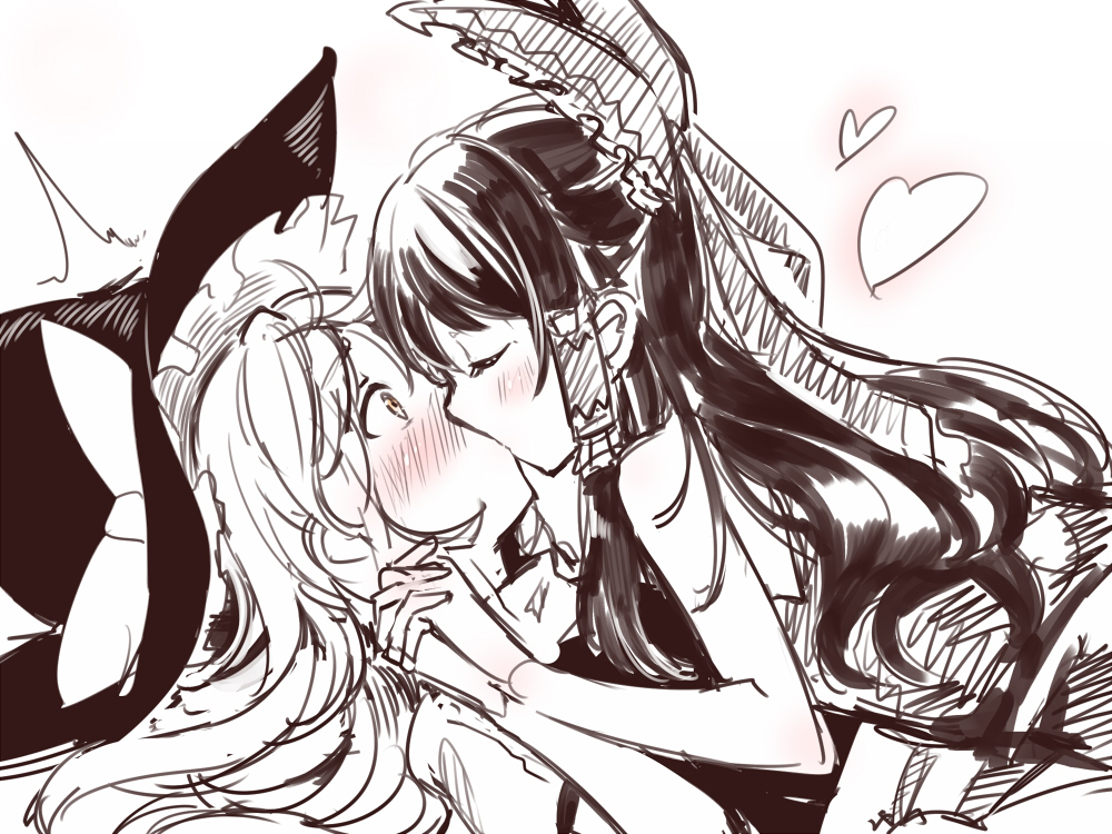 asutora bare_arms bare_shoulders blush bow closed_eyes eyebrows_visible_through_hair frilled_bow frills from_side hair_bow hair_tubes hakurei_reimu hat hat_bow heart interlocked_fingers kirisame_marisa kiss kiss_day monochrome multiple_girls profile sidelocks simple_background sketch spot_color touhou upper_body white_background witch_hat yellow_eyes yuri