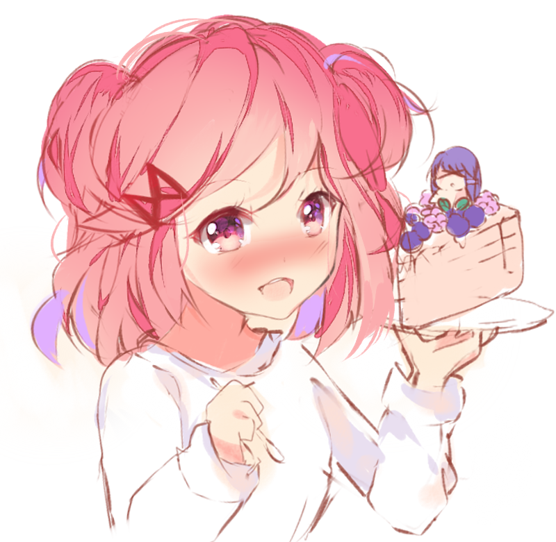 &gt;_&lt; :d ayadrevismad blush cake commentary doki_doki_literature_club english_commentary food hair_ornament hairclip in_food minigirl multiple_girls natsuki_(doki_doki_literature_club) open_mouth pink_eyes pink_hair plate simple_background sketch smile spoon two_side_up upper_body white_background yuri_(doki_doki_literature_club)