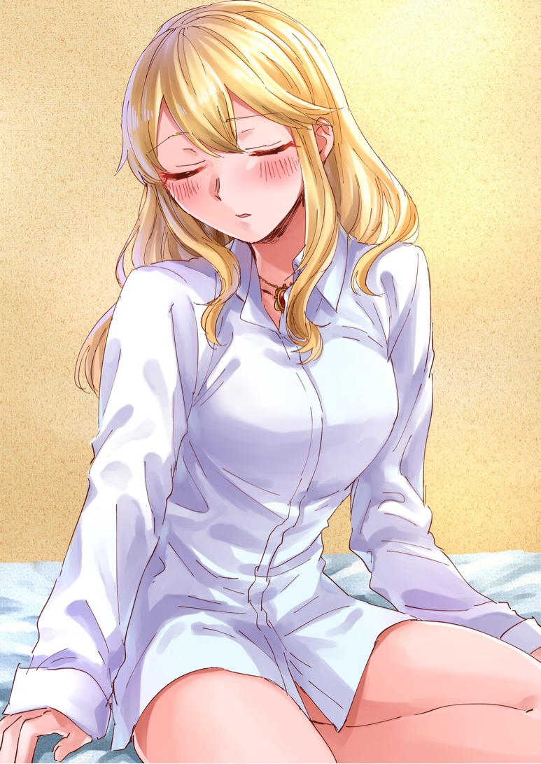1girl arm_support barefoot bed_sheet blonde_hair blush breasts clarice_(idolmaster) closed_eyes idolmaster idolmaster_cinderella_girls idolmaster_cinderella_girls_starlight_stage jewelry long_hair long_sleeves medium_breasts naked_shirt namiko817 necklace on_bed parted_lips shirt sidelocks sitting solo white_shirt