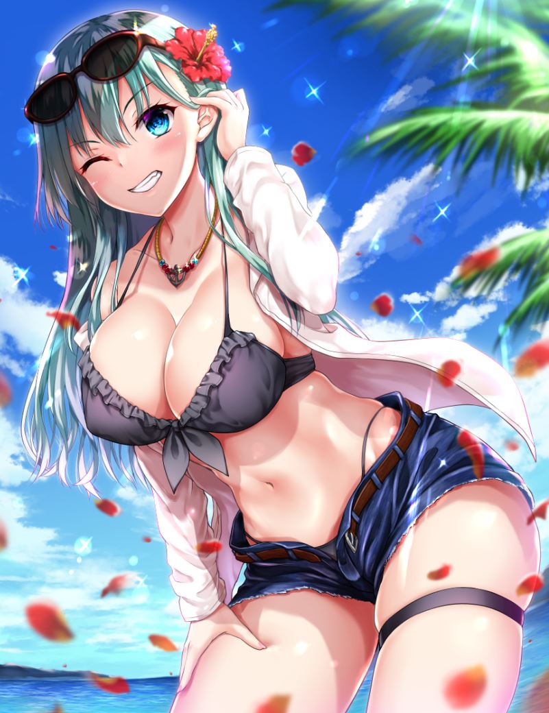akizuki_akina alternate_eye_color aqua_hair belt bikini black_bikini blue_eyes blue_shorts breasts brown_belt cherry_blossoms cleavage collarbone cowboy_shot day denim denim_shorts eyewear_on_head flower grey_bikini grin hair_flower hair_ornament hand_on_own_thigh jewelry kantai_collection large_breasts leaning_forward long_hair long_sleeves looking_at_viewer navel necklace ocean one_eye_closed open_clothes open_fly open_shirt outdoors shirt short_shorts shorts skindentation sky smile solo sunglasses suzuya_(kantai_collection) swimsuit thigh_strap thong tree white_shirt