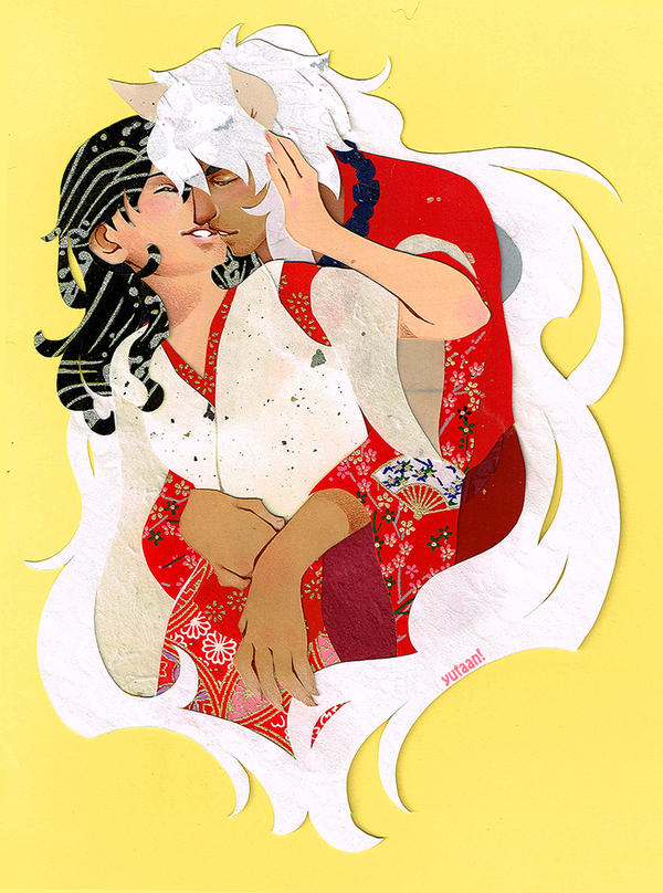 1boy 1girl animal_ears arms_around_waist artist_name black_hair closed_eyes commentary commission dark-skinned_male dark_skin dog_ears english_commentary fan_print floral_print hand_on_another's_head hetero higurashi_kagome hug hug_from_behind inuyasha inuyasha_(character) japanese_clothes jewelry kimono kiss long_hair long_sleeves mixed-language_commentary necklace open_mouth pink_lips red_kimono red_sleeves romaji_commentary shirt simple_background smile teeth thick_eyebrows upper_body very_long_hair white_hair white_shirt white_sleeves wide_sleeves yellow_background yutaan
