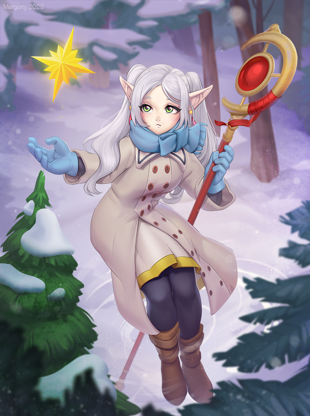 clothed clothing elf evergreen_tree eyelashes female footwear frieren frieren_beyond_journey's_end gloves hair handwear hi_res holding_object holding_staff humanoid humanoid_pointy_ears margony not_furry pine_tree plant pupils shoes silver_hair snow solo staff tree