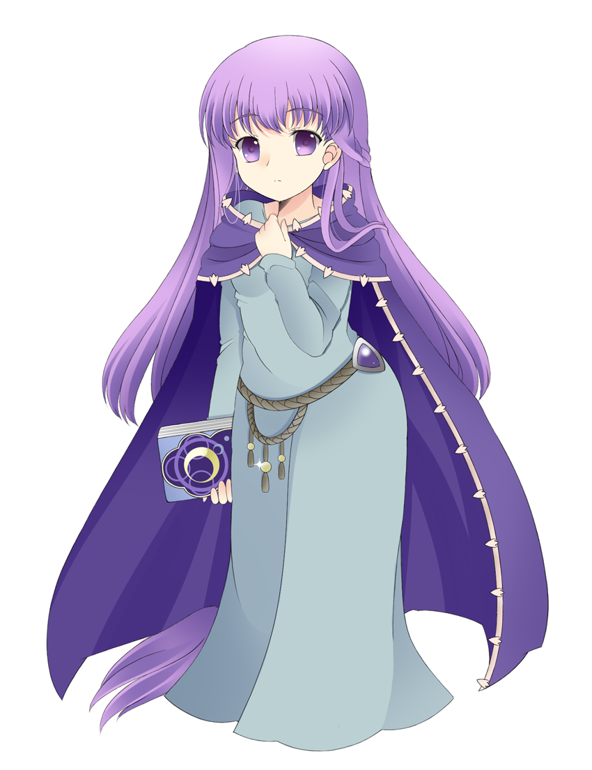 absurdly_long_hair belly_chain blue_dress book cape cloak commentary dress eyebrows_visible_through_hair fire_emblem fire_emblem:_fuuin_no_tsurugi fire_emblem_heroes holding holding_book jewelry kotone5082 long_hair looking_at_viewer purple_eyes purple_hair simple_background sofiya solo very_long_hair white_background