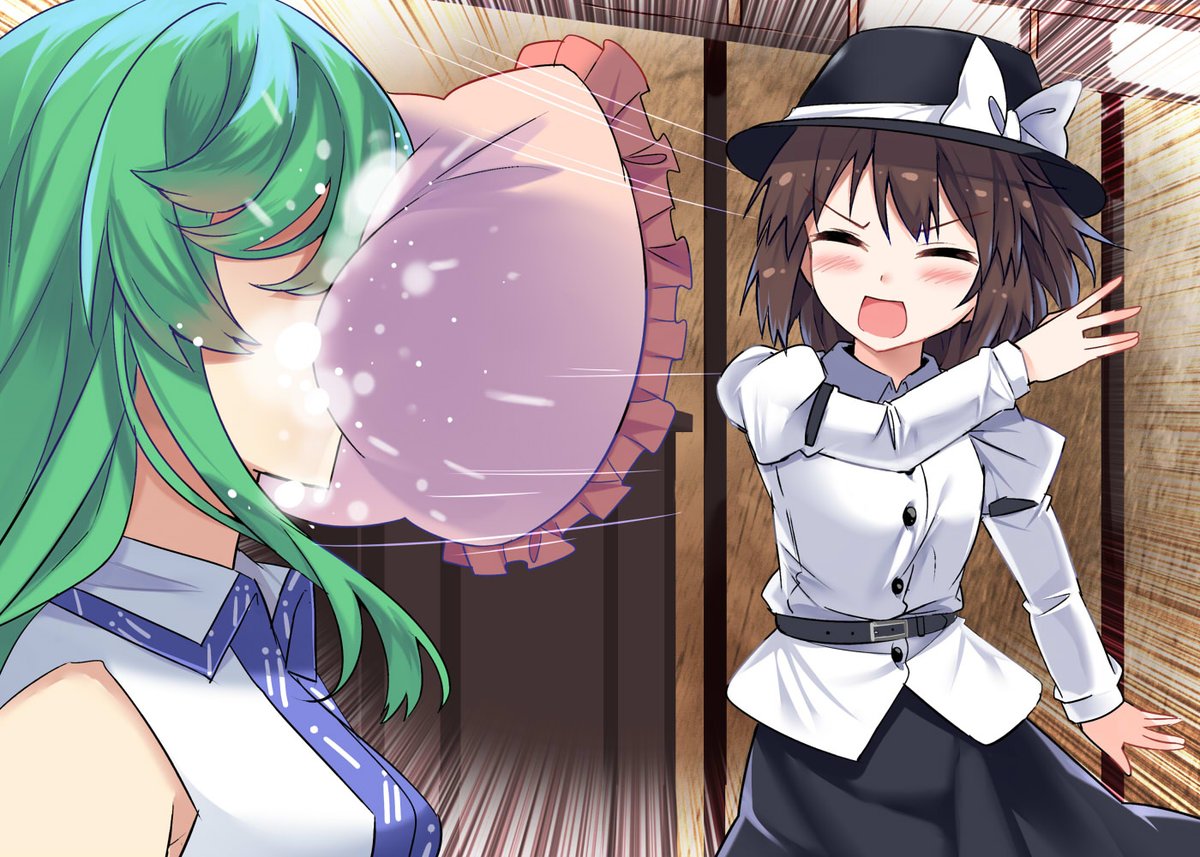 bare_shoulders belt black_belt black_hat black_skirt blush bow breasts brown_hair closed_eyes commentary_request cowboy_shot e.o. emphasis_lines facing_another fedora frilled_pillow frills green_hair hat hat_bow in_the_face indoors juliet_sleeves kochiya_sanae large_breasts long_hair long_sleeves multiple_girls open_mouth pillow portrait profile puffy_sleeves shirt short_hair sidelocks skirt standing throwing touhou usami_renko v-shaped_eyebrows white_bow white_shirt wing_collar