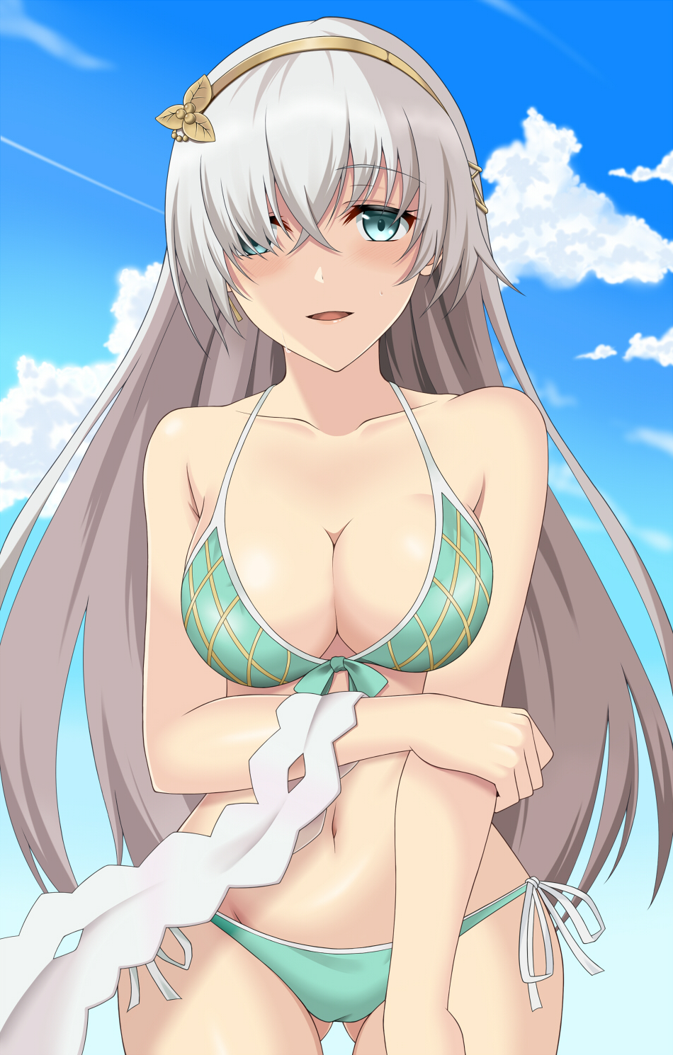 :d anastasia_(fate/grand_order) ass_visible_through_thighs bikini blue_eyes blue_sky breasts cleavage cloud collarbone cowboy_shot day earrings esuto eyebrows_visible_through_hair fate/grand_order fate_(series) green_bikini groin hair_between_eyes hair_ornament hair_over_one_eye hairband highres jewelry long_hair looking_at_viewer medium_breasts navel open_mouth outdoors side-tie_bikini silver_hair sky smile solo standing swimsuit thigh_gap very_long_hair yellow_hairband